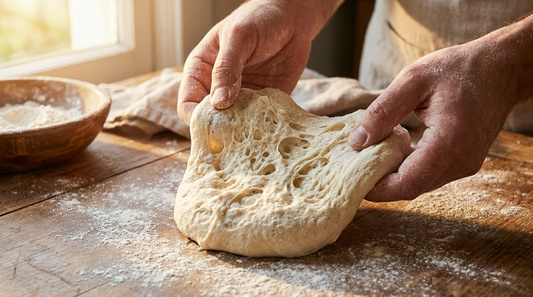 Hands stretching sourdough pizza dough on a rustic wooden surface — Sourdough Flakes recipe
